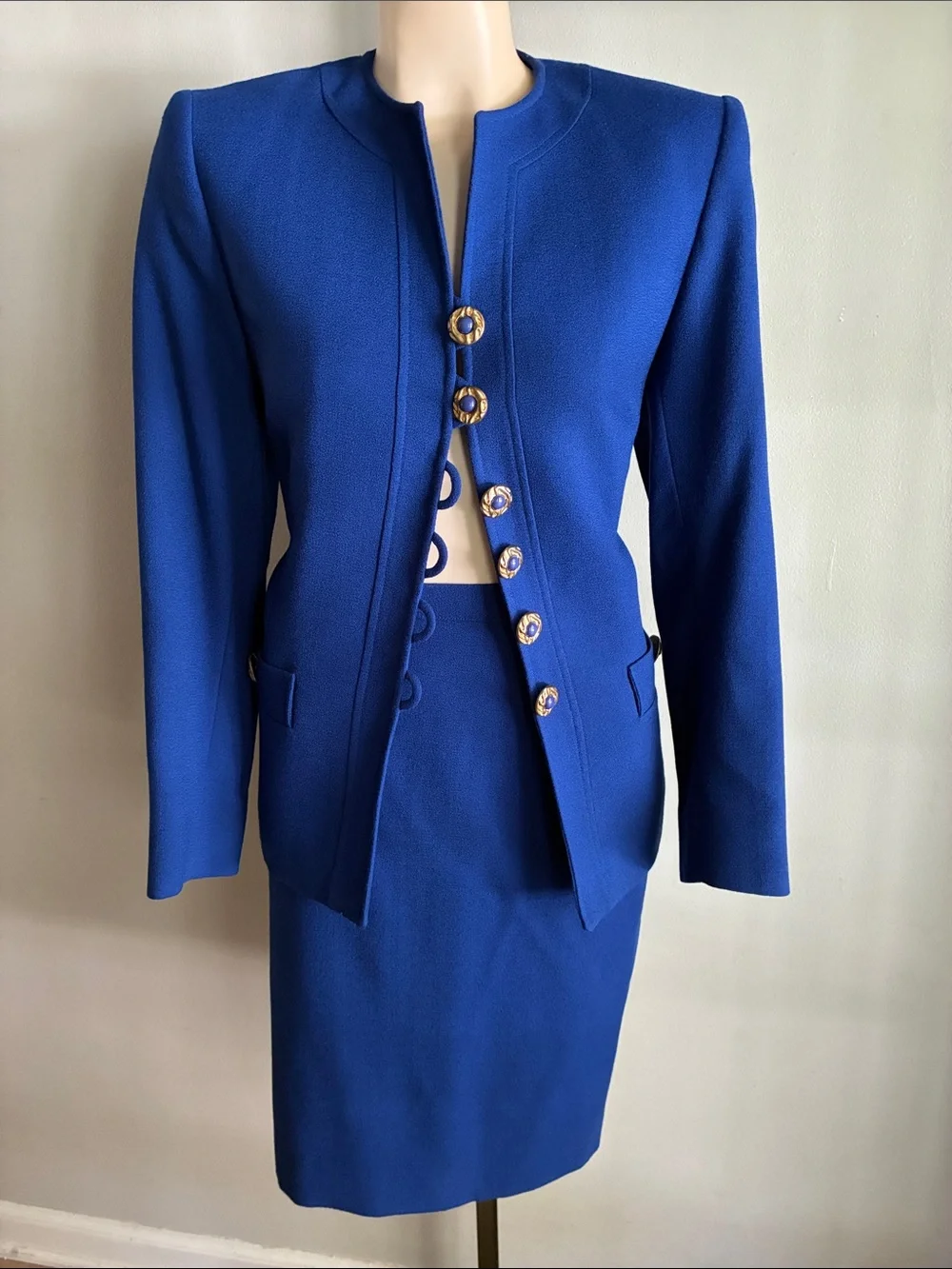 Vintage Herbert Grossman Cynthia Sobel Wool Skirt Suit Blue Size 6 USA